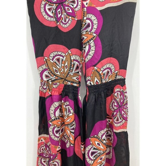 bebe Women Pants Size 6 Silk Smocked Bell Pant Black Pink Floral Flare New B60 - Picture 3 of 6